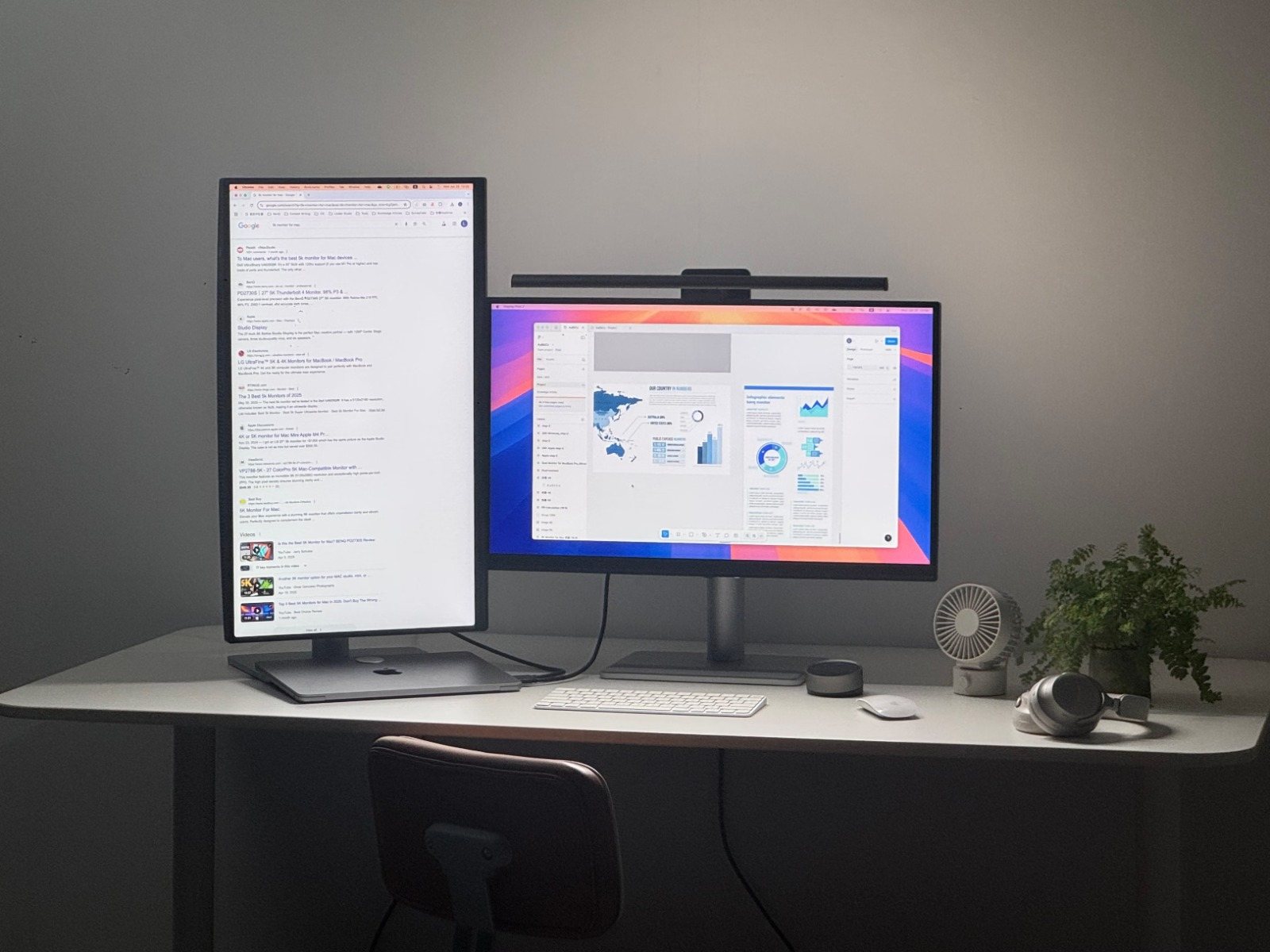 A pale desk with two monitors, a keyboard and a small plant.