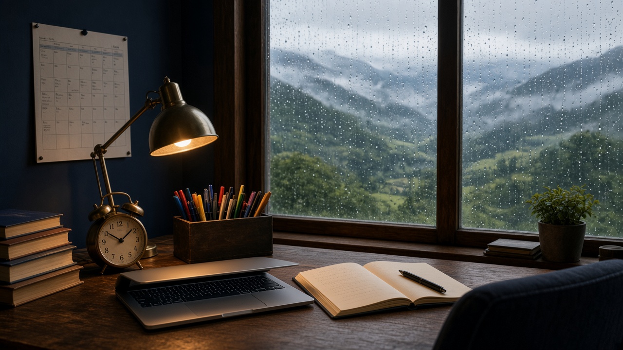 A rainy-day workspace: large desktop, laptop to the left of a notebook, timetable on the wall, alarm clock, pens, books and a window looking out to mountains.
